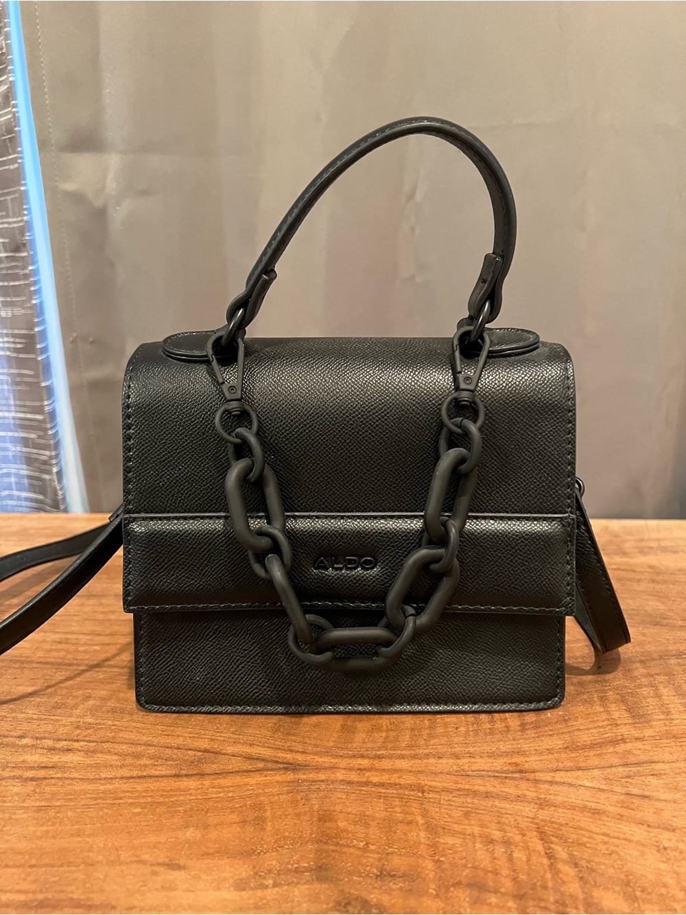 Aldo Black Textured Top-Handle Satchel with Chunky Chain